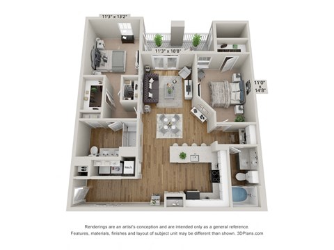 Floor plan for 2 beds, 2 baths, 1195 sqft